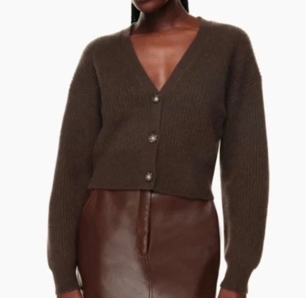 Aritzia Babaton Coffee Bean V Neck Cropped Cardigan Wool Blend Womens Size Small